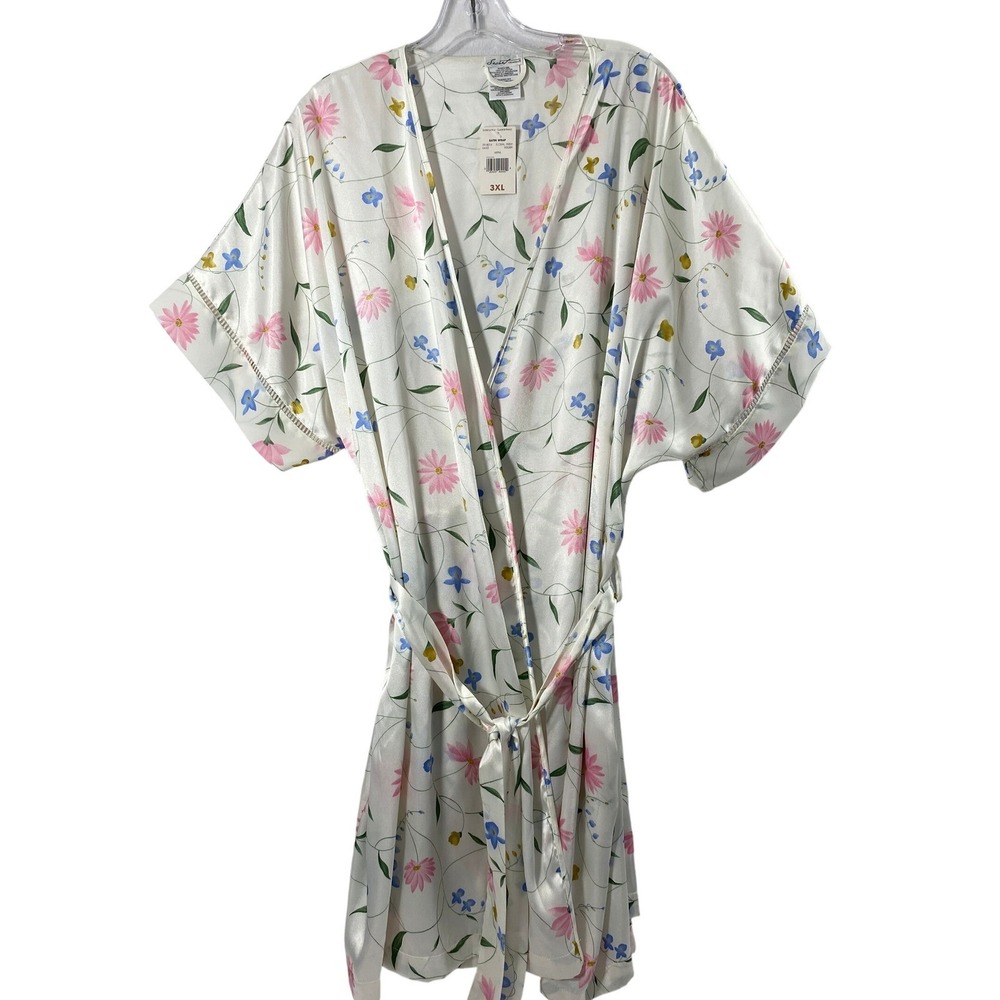 Secret Treasures Kimono Robe Womens 3 XL White Pink Blue‎ Floral Satin Lounge